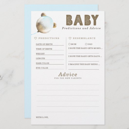Baby Predictions and Advice Baby Shower Game (Vorne/Hinten)