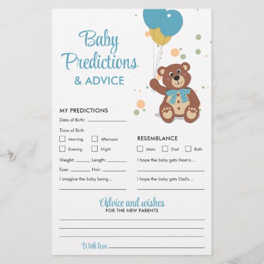 Baby Predictions and Advice Blue Teddy Bear Game Flyer (Vorne)