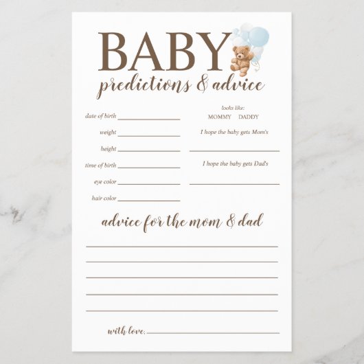 Baby Predictions and Advice Blue Teddy Bear Game Flyer (Vorne)