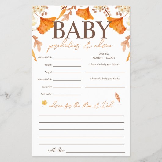 Baby Predictions and Advice Fall Baby Shower Game Flyer (Vorne)