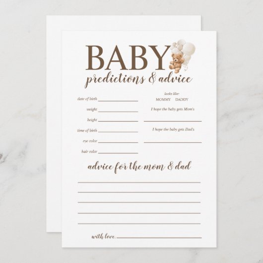 Baby Predictions and Advice Teddy Bear Game Einladung (Vorne/Hinten)