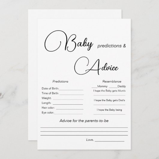 Baby Predictions Baby Shower Game Einladung (Vorne/Hinten)