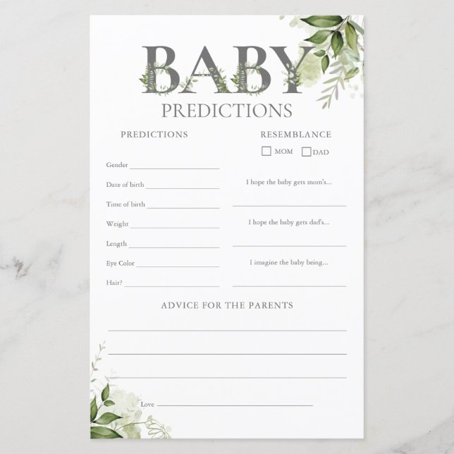 Baby Predictions Greenery Baby Shower Game (Vorderseite)