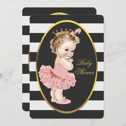 Baby Princess in Tutu Schwarz-weiße Streifen Gold Einladung (Vorne/Hinten)