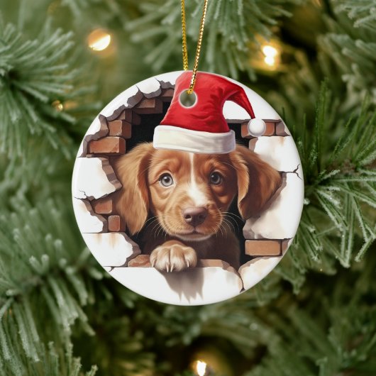 Baby Puppy in Weihnachtsmannmütze - 3D Keramik Ornament (Baum)