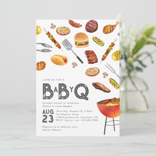 Baby Q Baby Dusche Einladung | Co-Ed Baby Shower (Stehend Vorderseite)