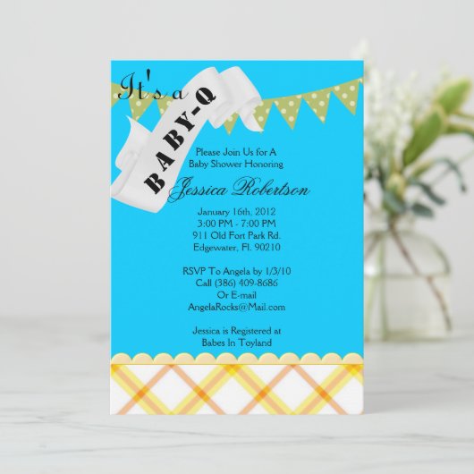 Baby Q Bar-B-Q-Dusche, Niedlich Einladung (Stehend Vorderseite)