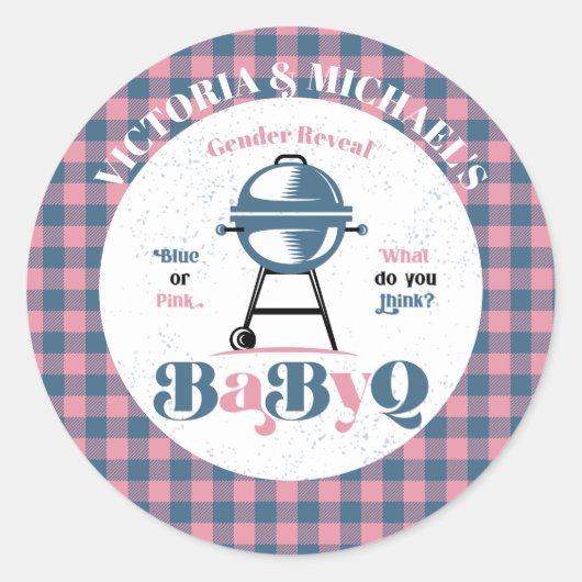 Baby Q Barbecue Gender Reveal Dusche Runder Aufkleber (Vorderseite)