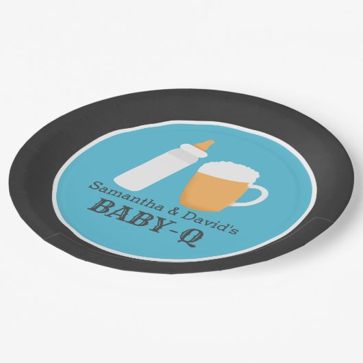 Baby-Q Beer Barbecue Co-Ed Duschplatte - Blau Pappteller (Schrägansicht)