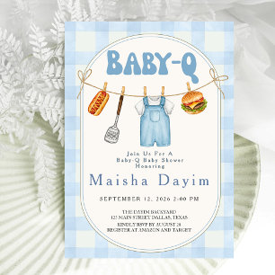 Baby-Q Blaue Gingham-Wäscheleine Baby Shower Einladung