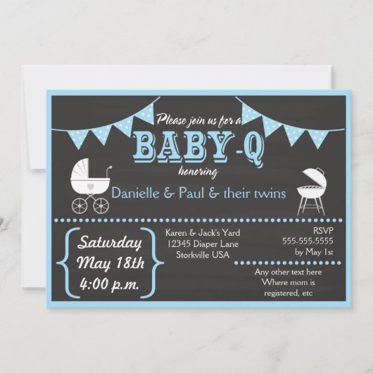 Baby-Q Chalkboard Blue Baby Shower Einladung (Vorderseite)