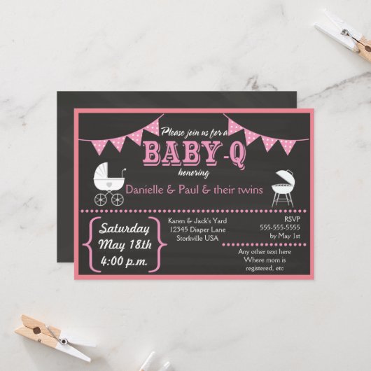 Baby-Q Chalkboard Pink Baby Dusche Einladung (Vorderseite/Rückseite Beispiel)