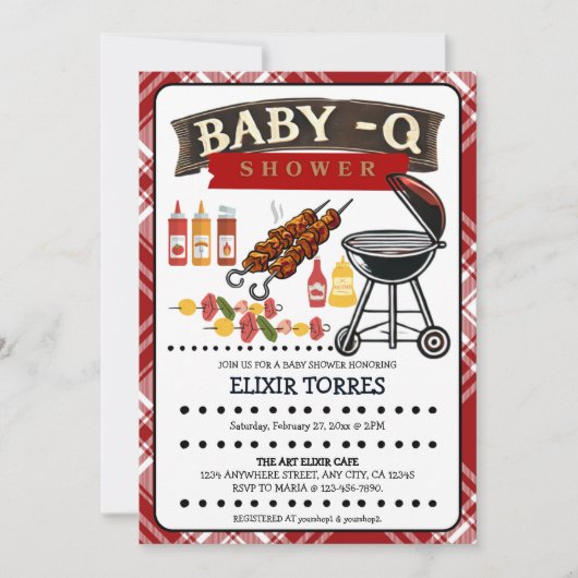 Baby-Q Checkered Red & Black Grill Baby Dusche Einladung (Vorderseite)