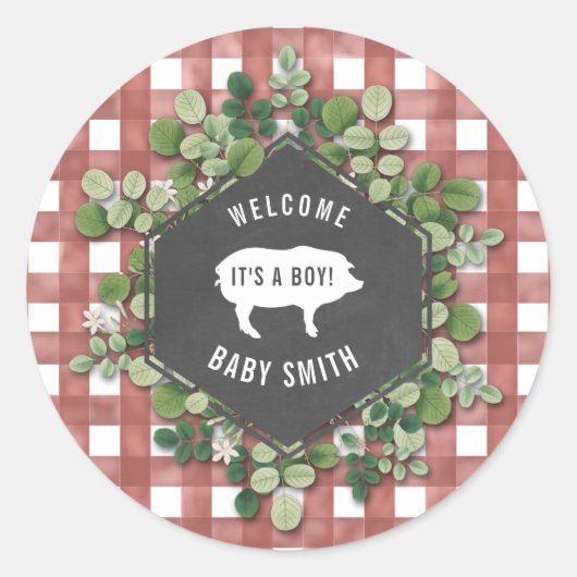 Baby q Gingham Botanical Pig Baby Shower Runder Aufkleber (Vorderseite)