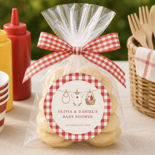 Baby-Q Gingham Rot Co-ed Baby Shower Favor Runder Aufkleber