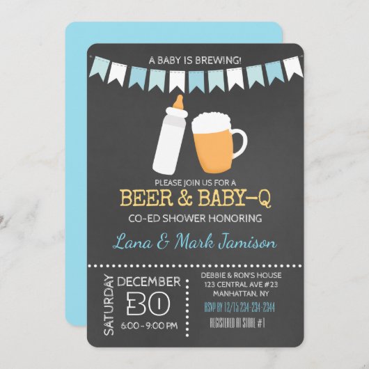 Baby-Q GRILLEN Beer Shower Invite (Blue Back) Einladung (Vorne/Hinten)