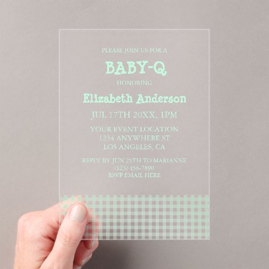 Baby-Q Mint Green Gingham Baby Shower Acryleinladungen (Insitu (Handheld))