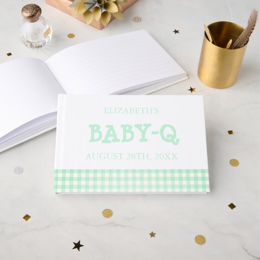 Baby-Q Mint Green Gingham Baby Shower Gästebuch (Vorderseite Offen)