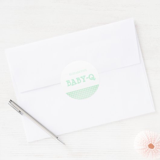 Baby-Q Mint Green Gingham Baby Shower Runder Aufkleber (Umschlag)