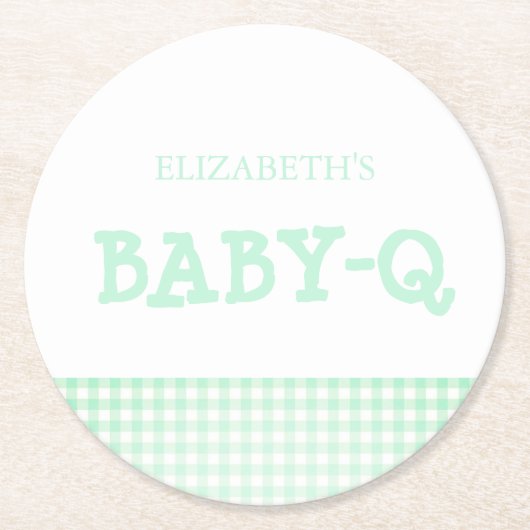 Baby-Q Mint Green Gingham Baby Shower Runder Pappuntersetzer (Vorderseite)