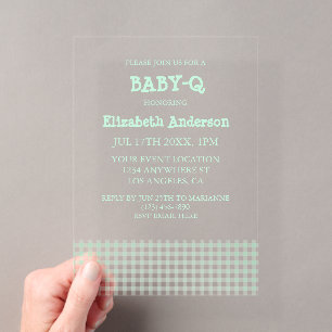 Baby-Q Mintgrün Gingham-Baby-Party Acryleinladungen