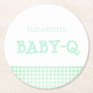 Baby-Q Mintgrün Gingham Baby Shower Runder Pappuntersetzer