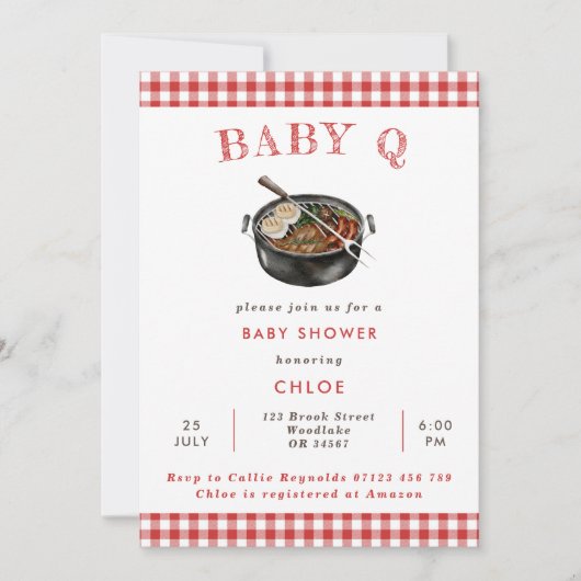 Baby Q Red Barbeque Gingham Baby Dusche Einladung (Vorderseite)