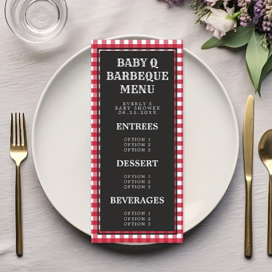 Baby Q Red Gingham Kariert Baby Dusche Menükarte