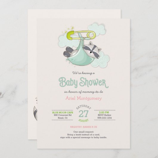 Baby Raccoon Bundle Special Deliver Dusche Einladung (Vorne/Hinten)