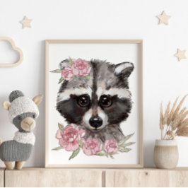 Baby Raccoon Rose Animal Poster | Wall Print
