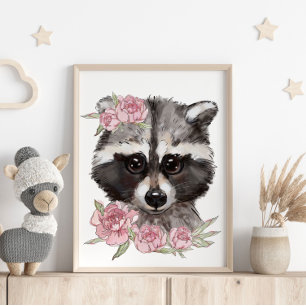Baby Raccoon Rose Animal Poster Wall Print