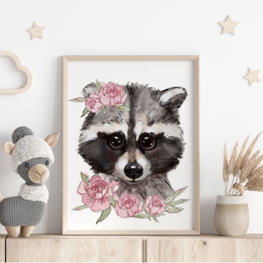 Baby Raccoon Rose Animal Poster | Wall Print
