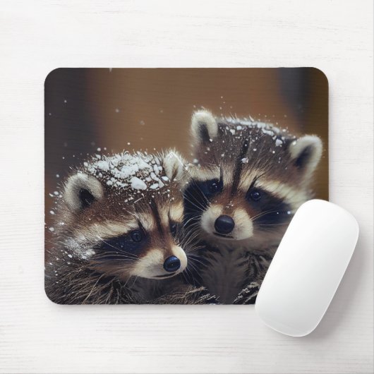 Baby-Raccoons stürzen sich im sinkenden Schnee Mousepad (Mit Mouse)