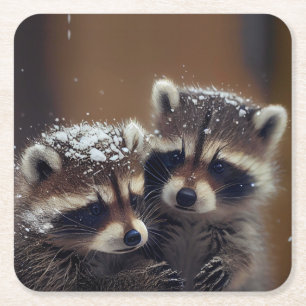 Baby-Raccoons stürzen sich im sinkenden Schnee Rechteckiger Pappuntersetzer