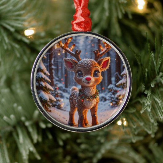 Baby Rentier im Schneewald Ornament Aus Metall (Baum)