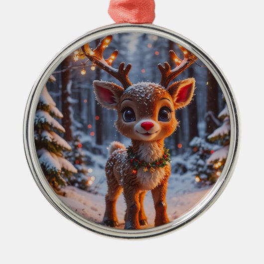 Baby Rentier im Schneewald Ornament Aus Metall (Vorne)