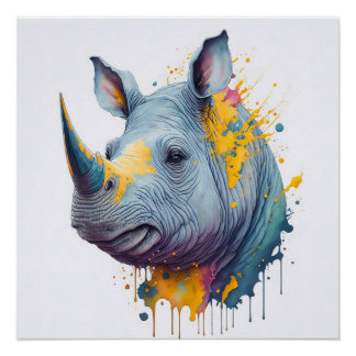 Baby Rhino Splash Art Print Poster