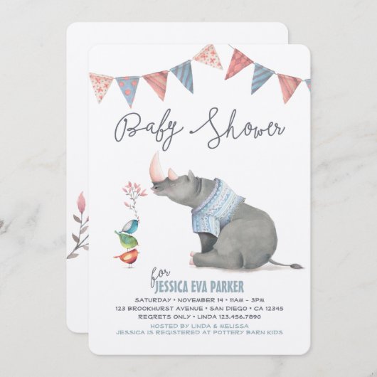 Baby Rhinoceros & Birdies Painted Boy Baby Shower Einladung (Vorne/Hinten)