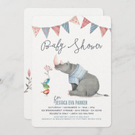 Baby Rhinoceros & Birdies Painted Boy Baby Shower Einladung