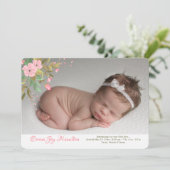 Baby-Rosa-BlumenFoto-Geburts-Mitteilung Einladung (Stehend Vorderseite)