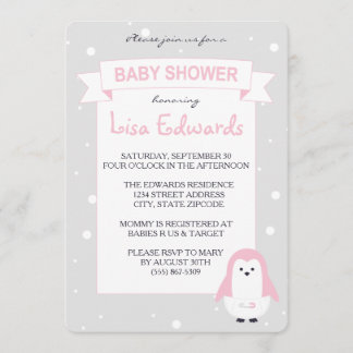 Baby-Rosa-Pinguin-Babyparty-Einladung Einladung