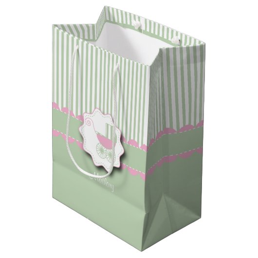 Baby-Rosa-und Grün-Buggy - Baby-Mädchen-Dusche Mittlere Geschenktüte (Vorderseite Schrägansicht)