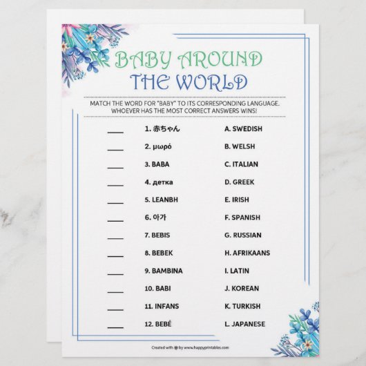 Baby rund um die Welt [blaue Flora] Briefbogen (Vorne/Hinten)