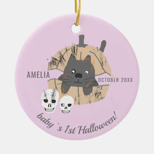 Baby`s 1. Halloween Pink Cat Pumpkin Skull Keramik Ornament (Vorne)