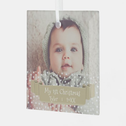 Baby`s 1. Weihnachtsstars Ribbon Foto Ornament Aus Glas (Vorderseite links)