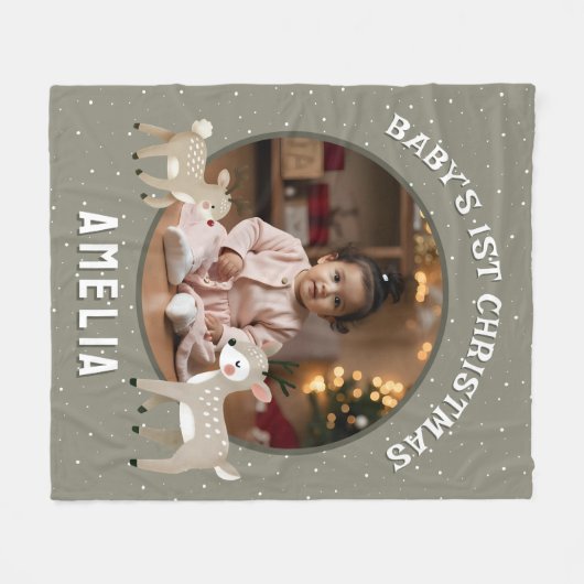 Baby’s 1st Christmas Reindeer Keepsake Photo Fleecedecke (Vorderseite (Horizontal))