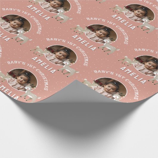 Baby’s 1st Christmas Reindeer Keepsake Photo Geschenkpapier (Ecke)