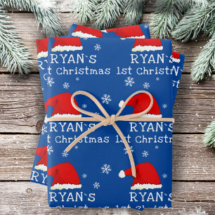 Baby`s erstes Weihnachten blaues Santa Hut Schneef Geschenkpapier Set