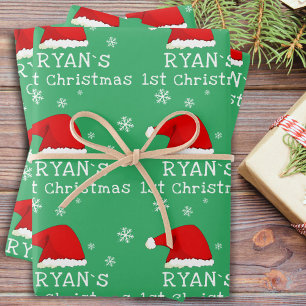 Baby`s erstes Weihnachten grüner Santa-Hut Schneef Geschenkpapier Set