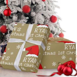 Baby`s erstes Weihnachten roter Santa Hut Schneefl Geschenkpapier